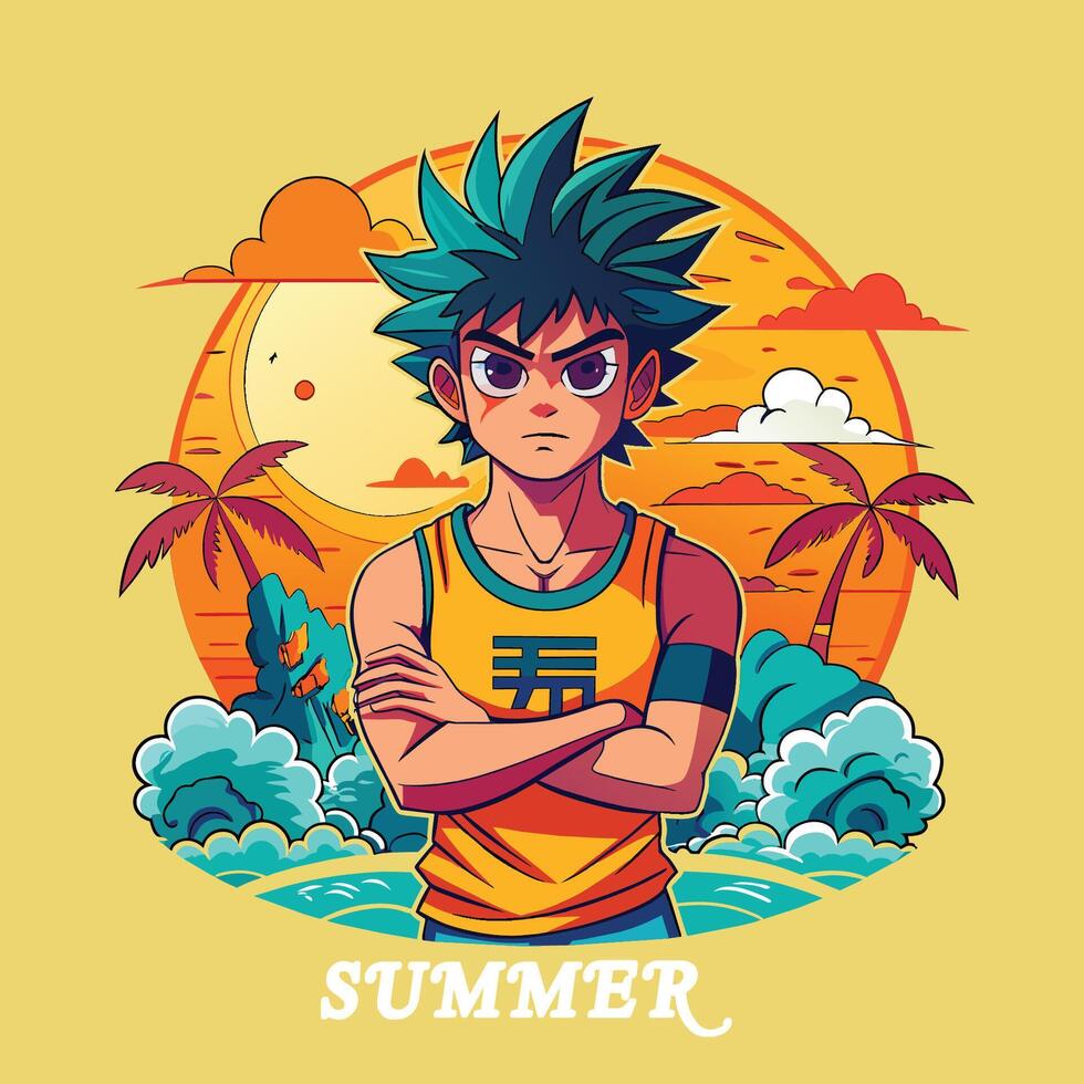 Tropical man with his arms crossed on the beach. Vector illustration.