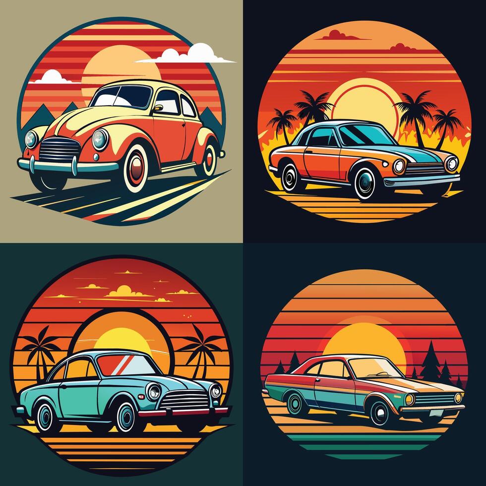 Clásico coche en puesta de sol antecedentes. vector ilustración en retro estilo.