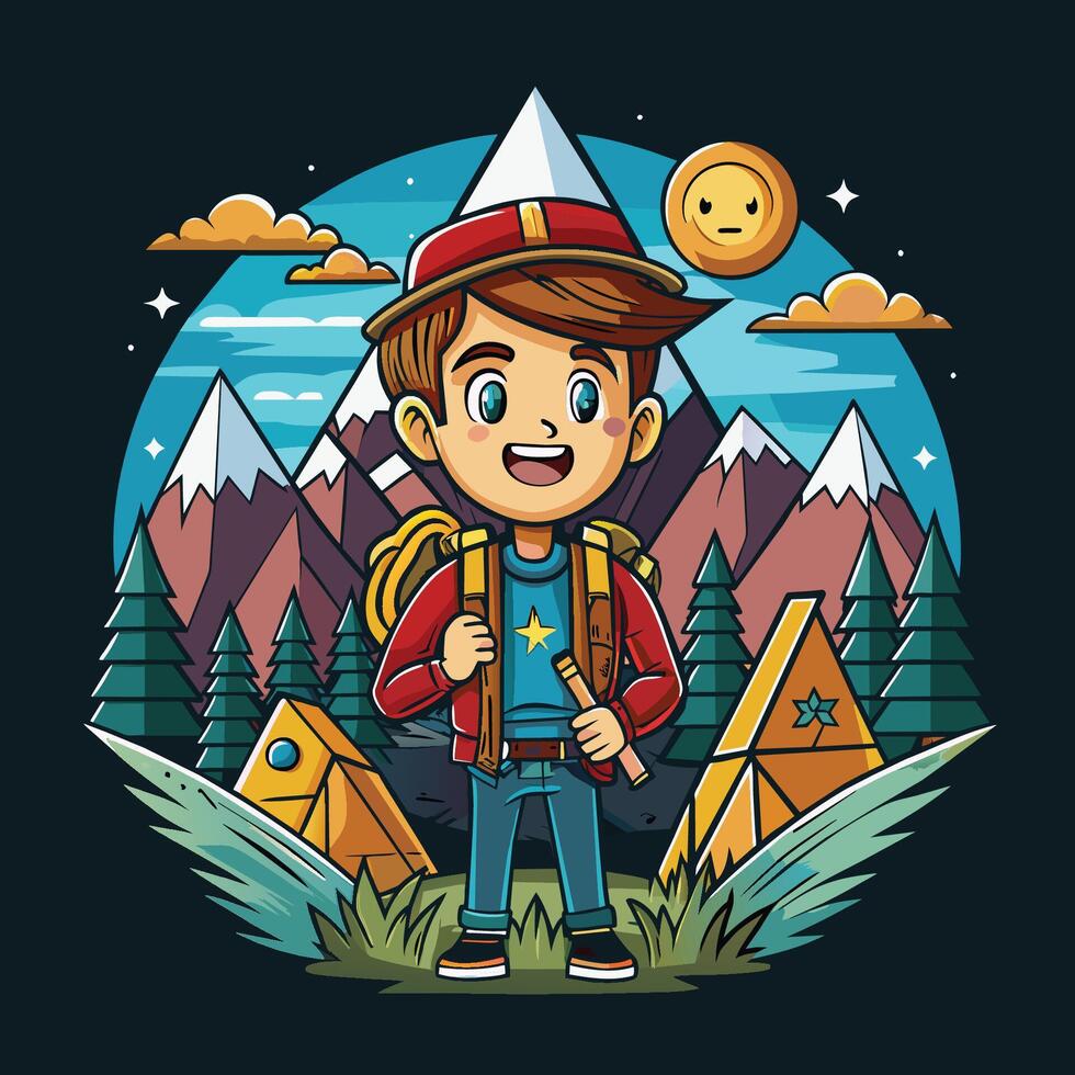 chico con mochila y tienda en el montañas vector ilustración gráfico diseño. t camisa diseño