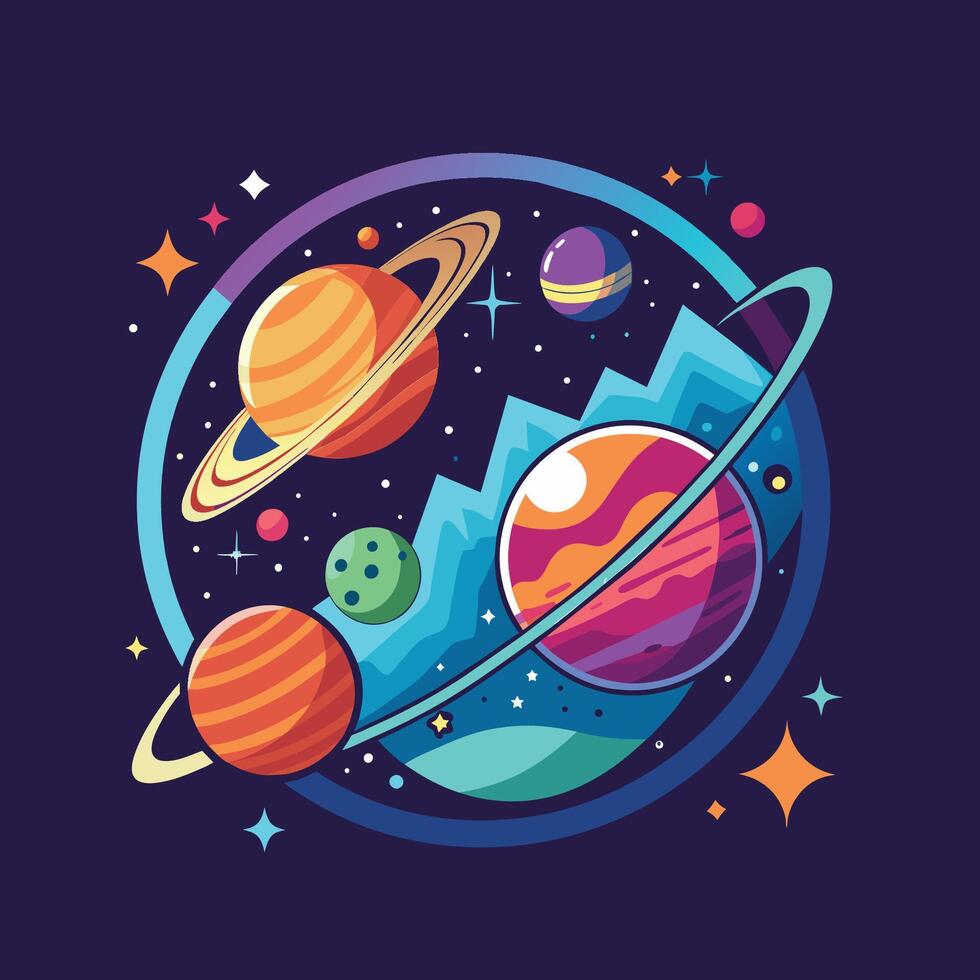 Planets in outer space. Vector illustration in flat cartoon style. Astronomy  t shirt design