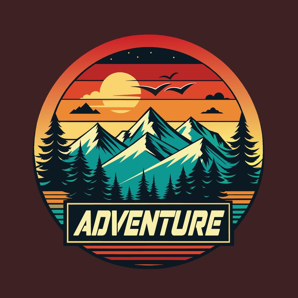 Clásico aventuras retro estilo con montañas y bosque, vector ilustración. t camisa diseño