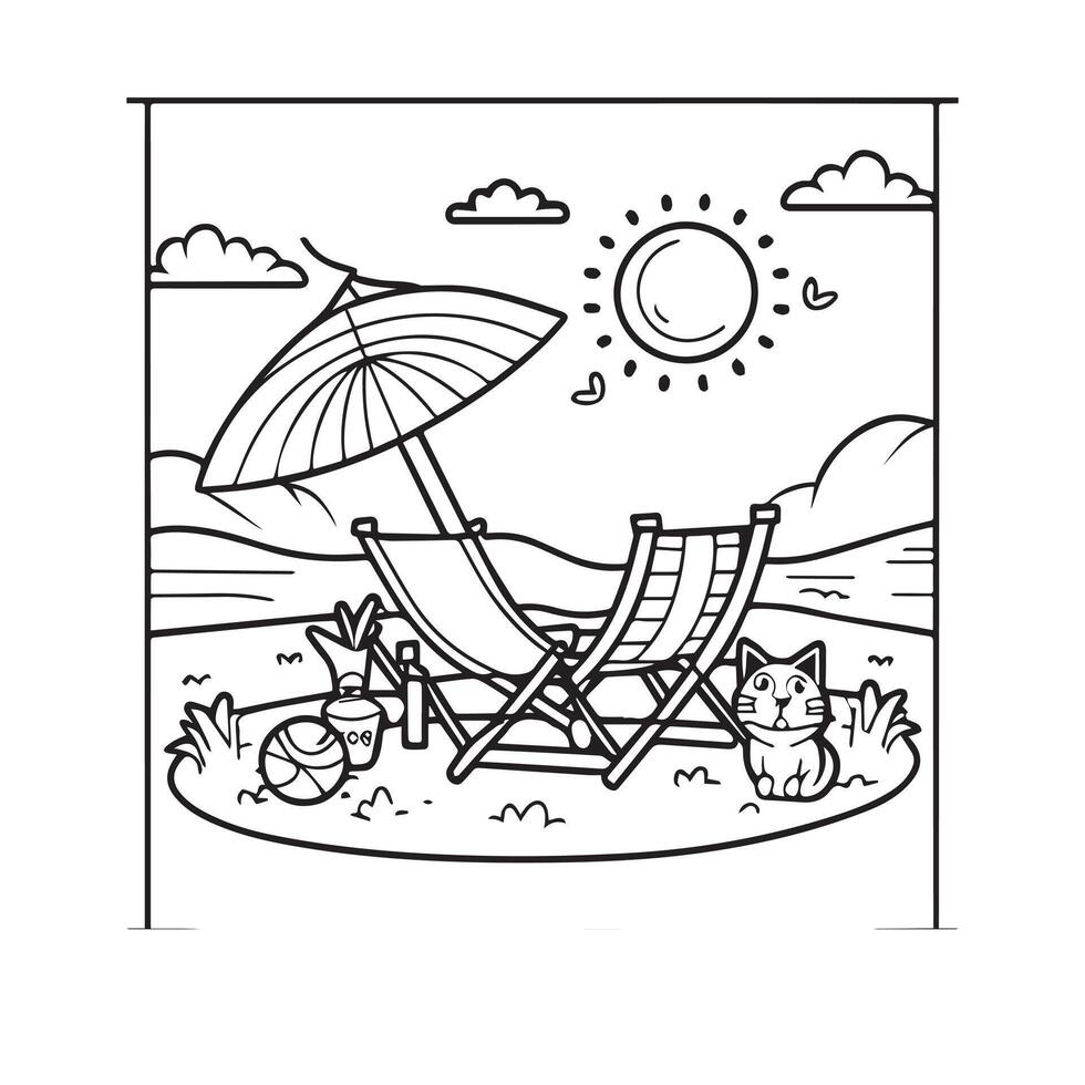 beach chair with umbrella in the beach, summer time vector illustration design