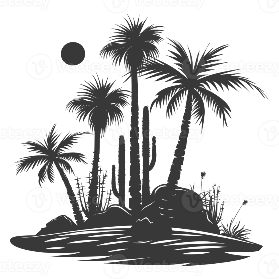 AI generated Silhouette an oasis in the desert black color only png