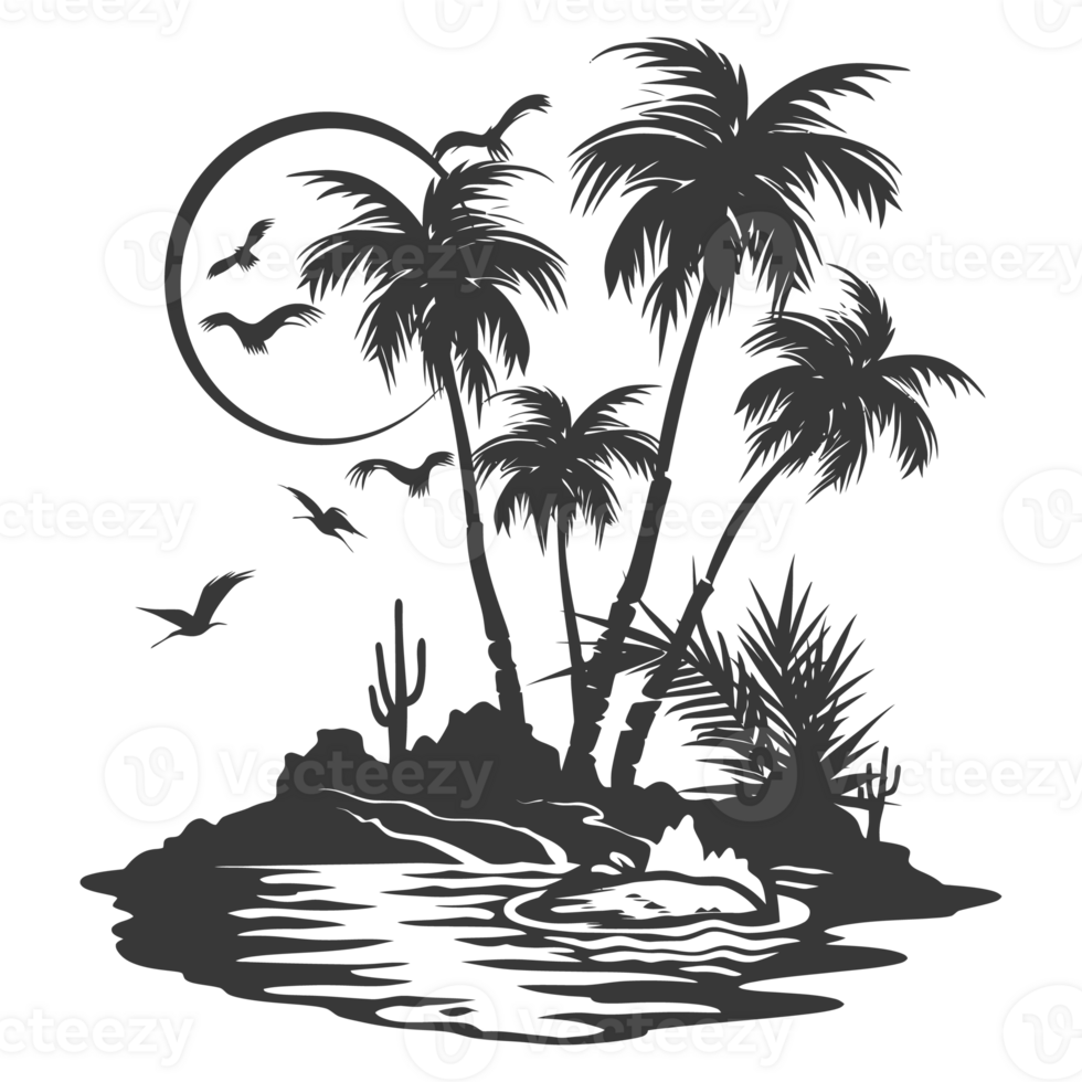 AI generated Silhouette an oasis in the desert black color only png