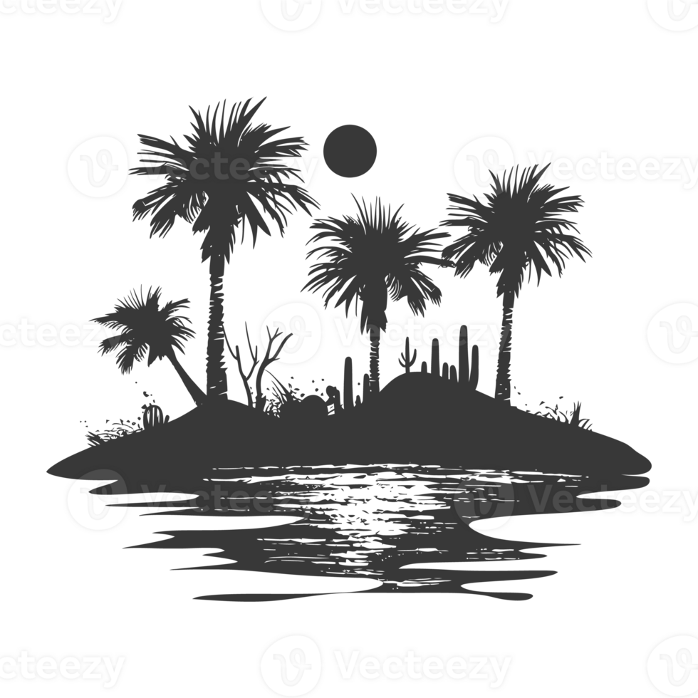 AI generated Silhouette an oasis in the desert black color only png