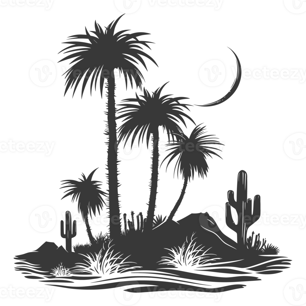 AI generated Silhouette an oasis in the desert black color only png