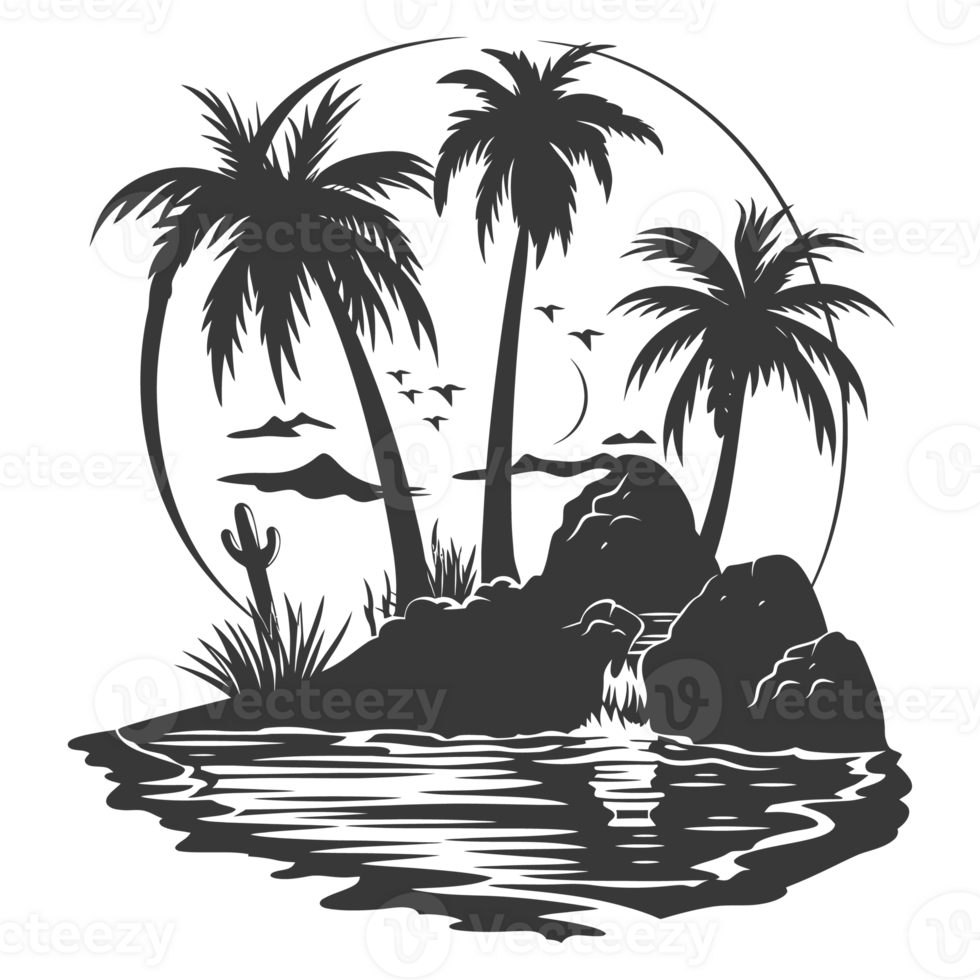 AI generated Silhouette an oasis in the desert black color only png