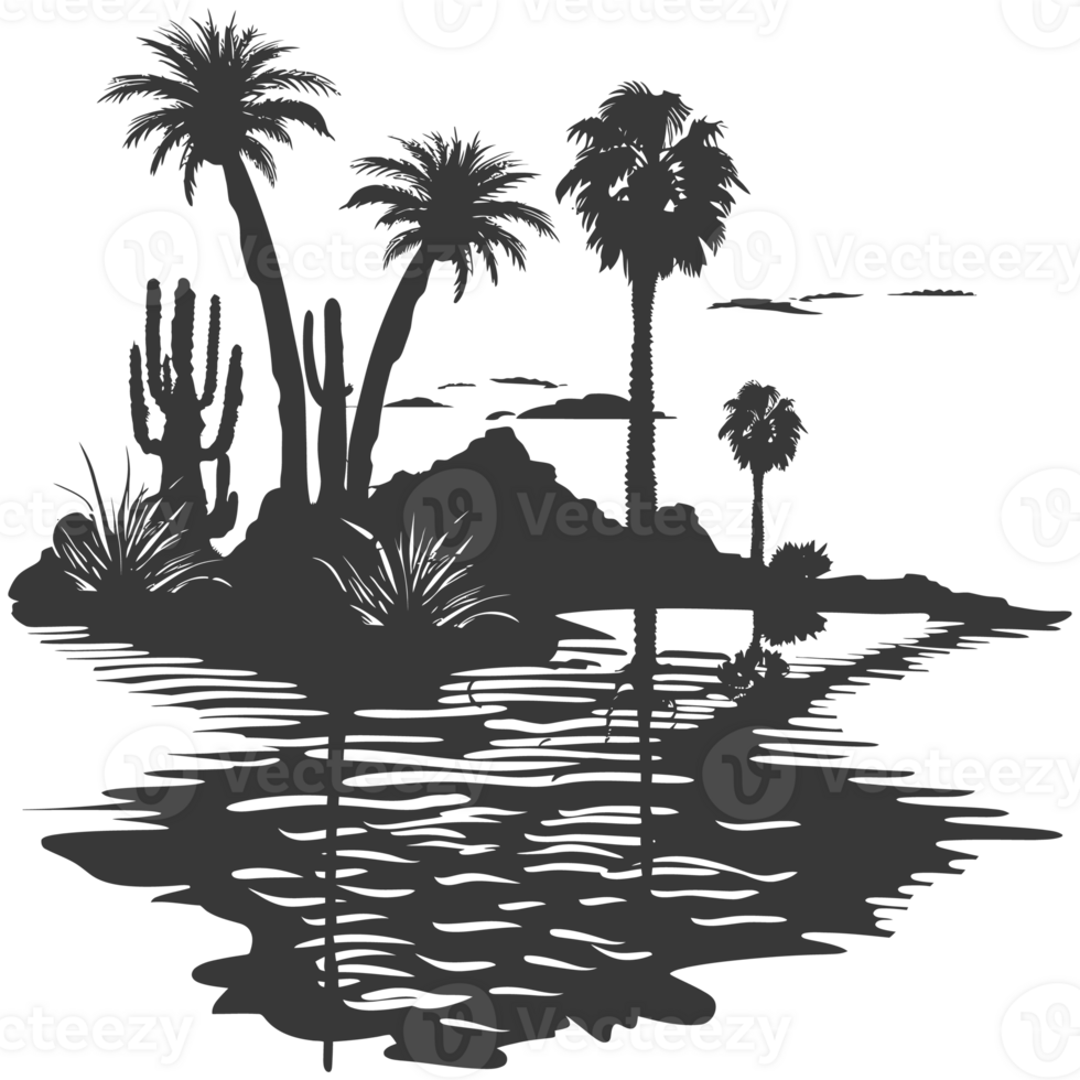 AI generated Silhouette an oasis in the desert black color only png