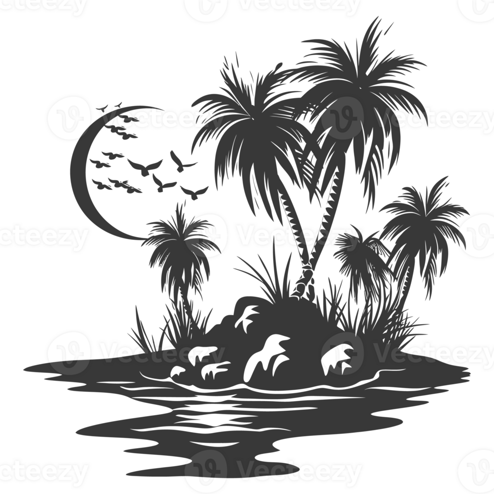 AI generated Silhouette an oasis in the desert black color only png