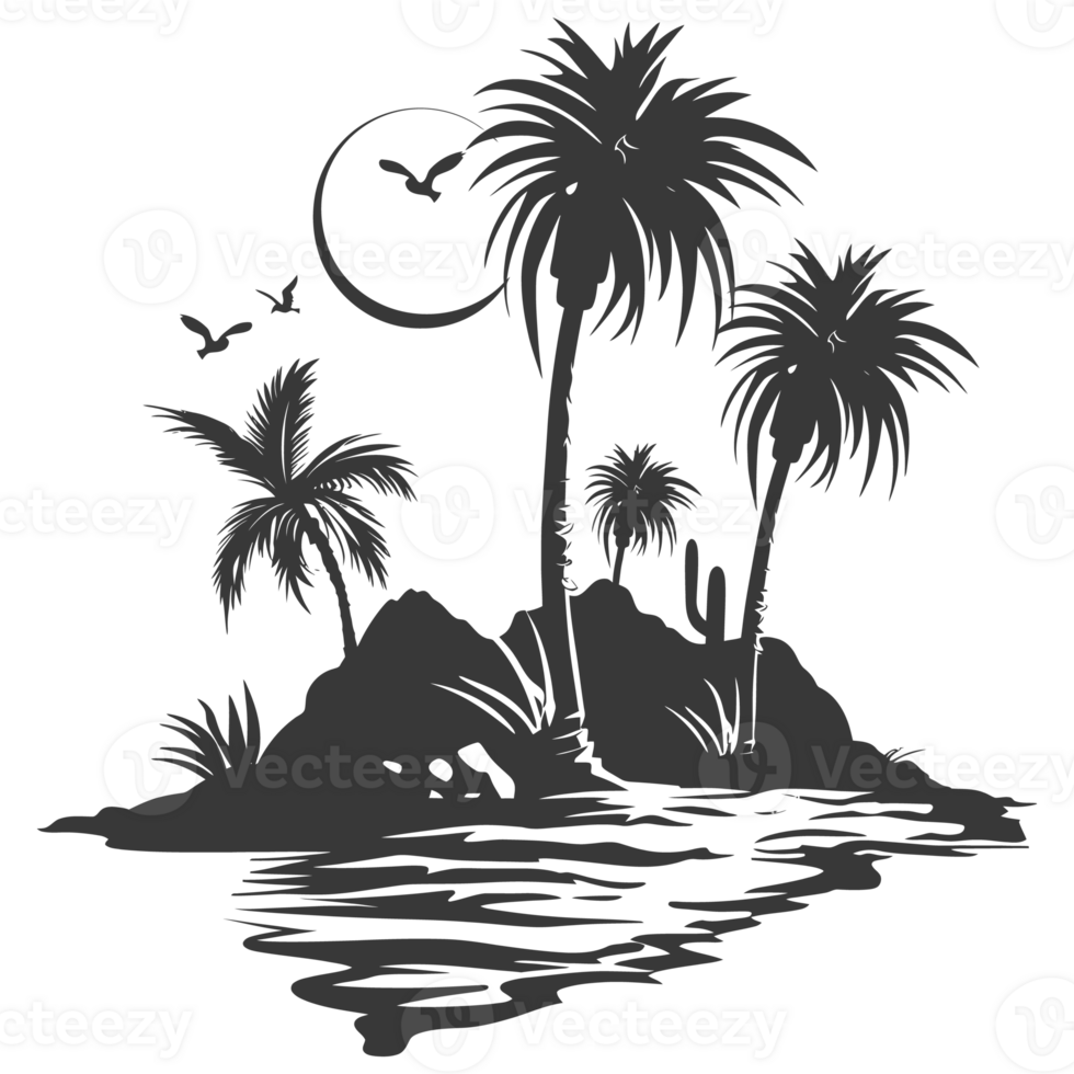 AI generated Silhouette an oasis in the desert black color only png