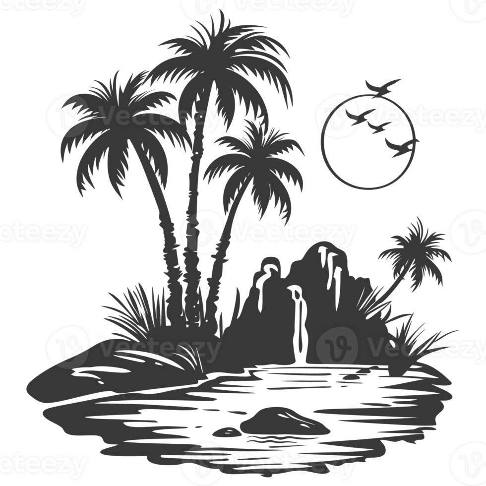 AI generated Silhouette an oasis in the desert black color only png
