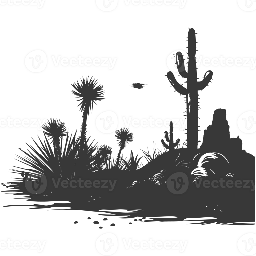 AI generated Silhouette an oasis in the desert black color only png
