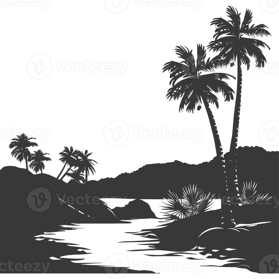 AI generated Silhouette an oasis in the desert black color only png