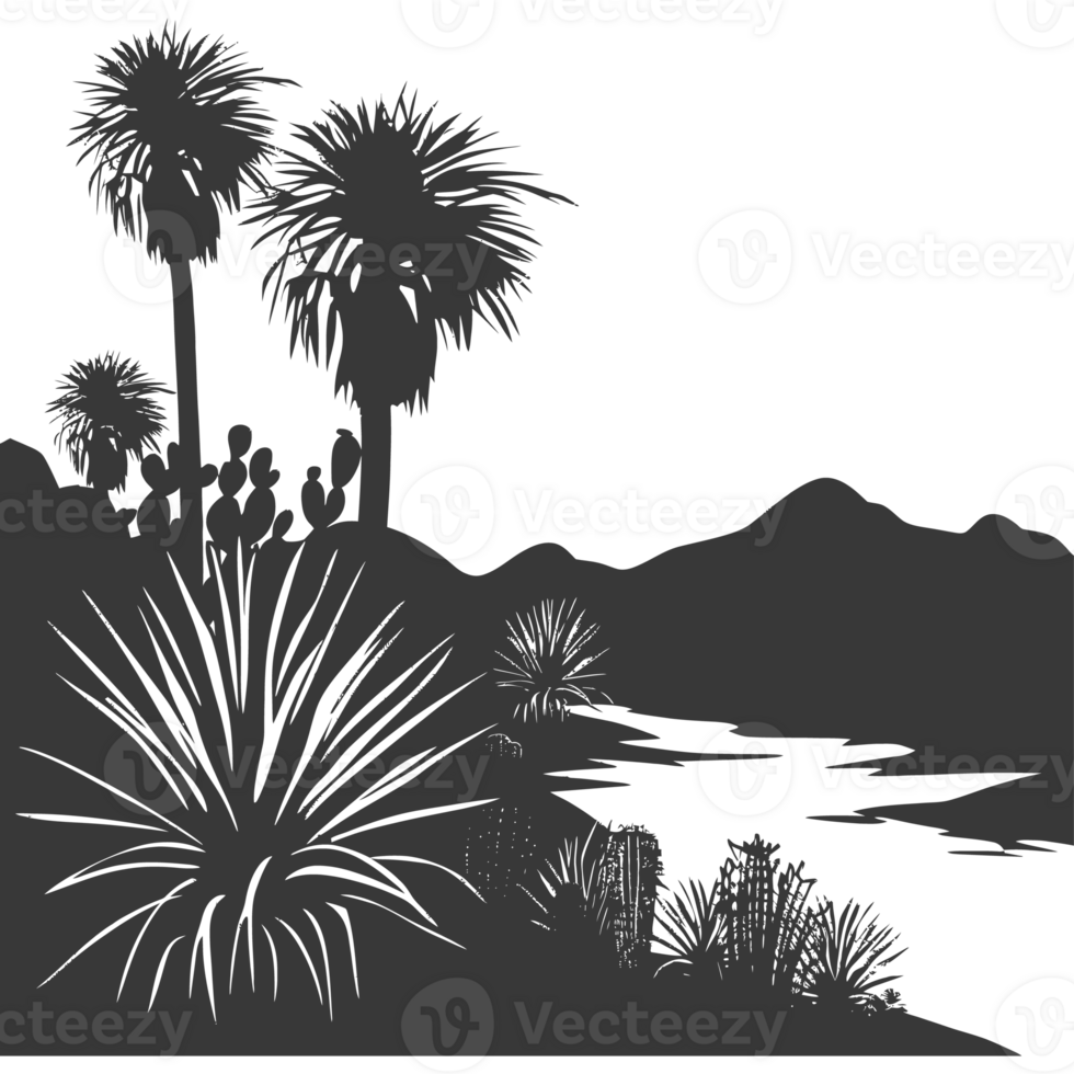 AI generated Silhouette an oasis in the desert black color only png