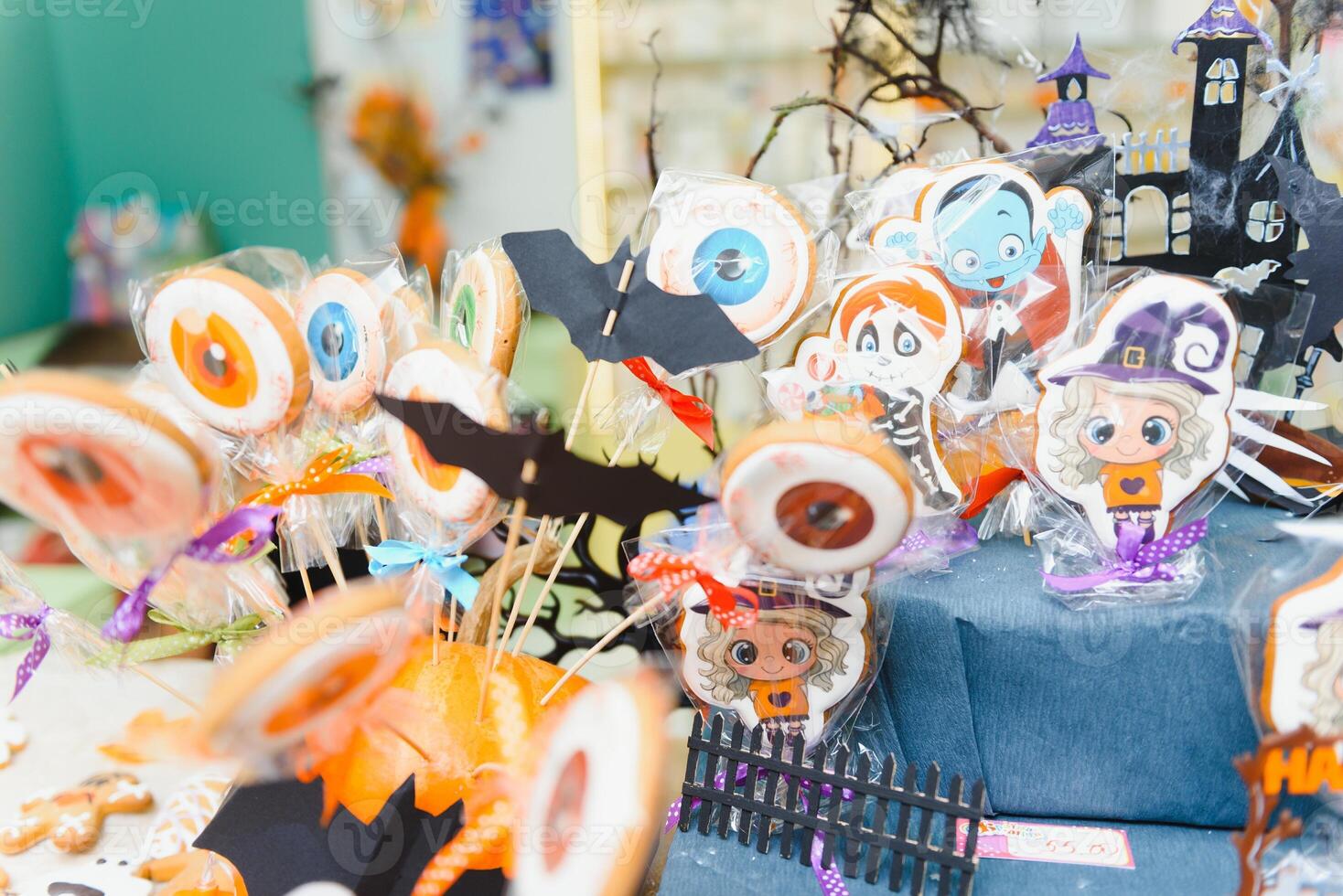 Funny delicious ginger biscuits for Halloween on the table. horizontal view from above photo