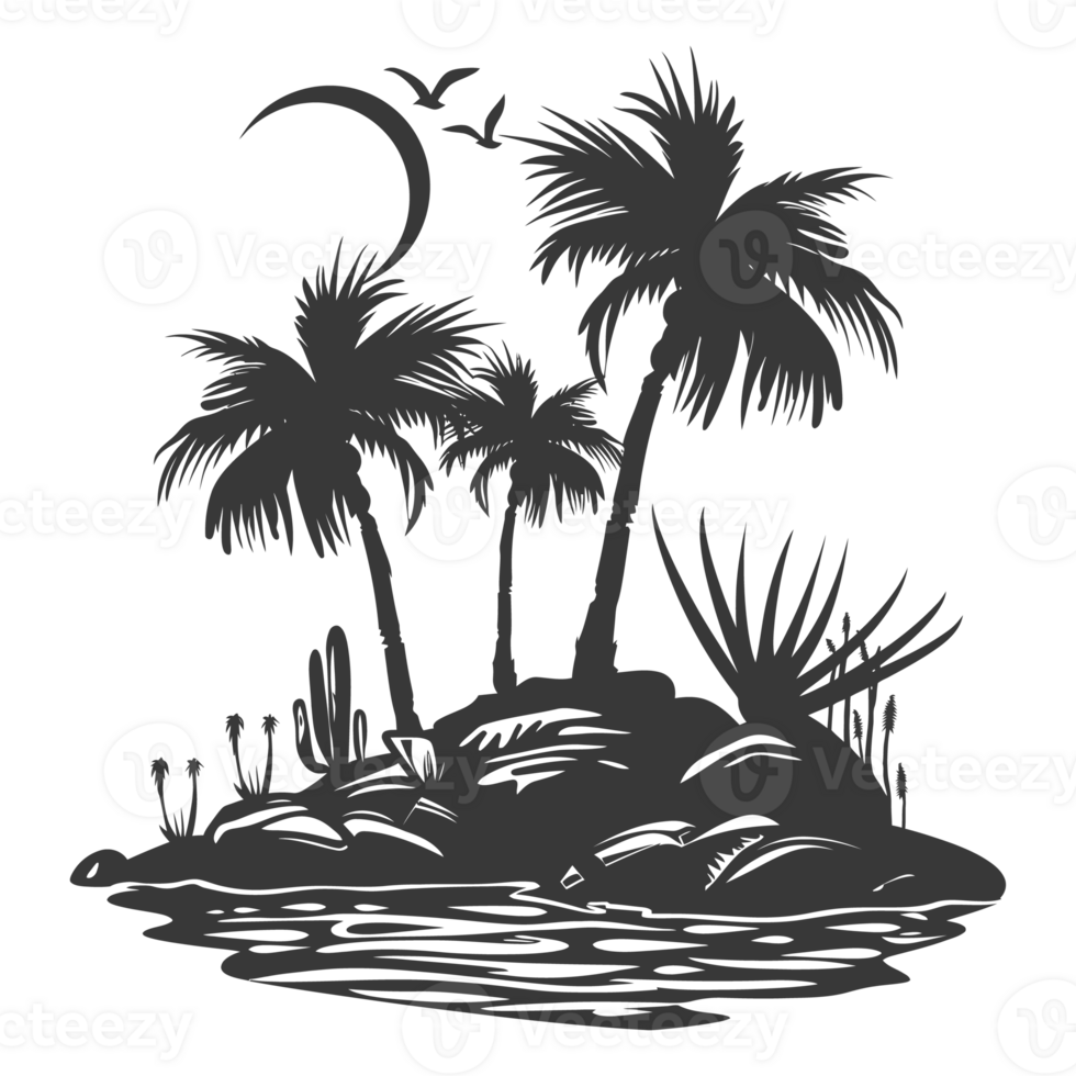 AI generated Silhouette an oasis in the desert black color only png