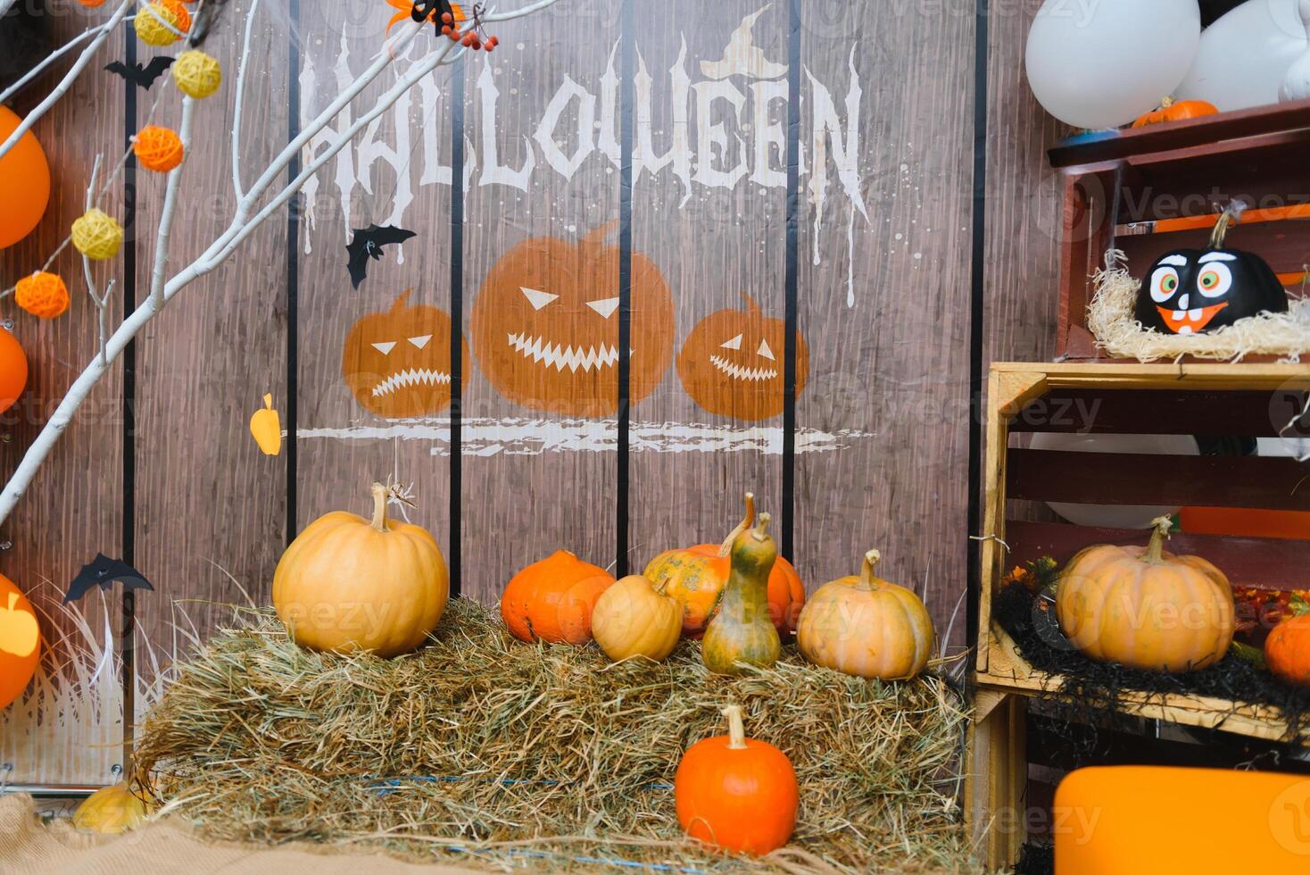 Halloween Pumpkins In Rustic Background photo