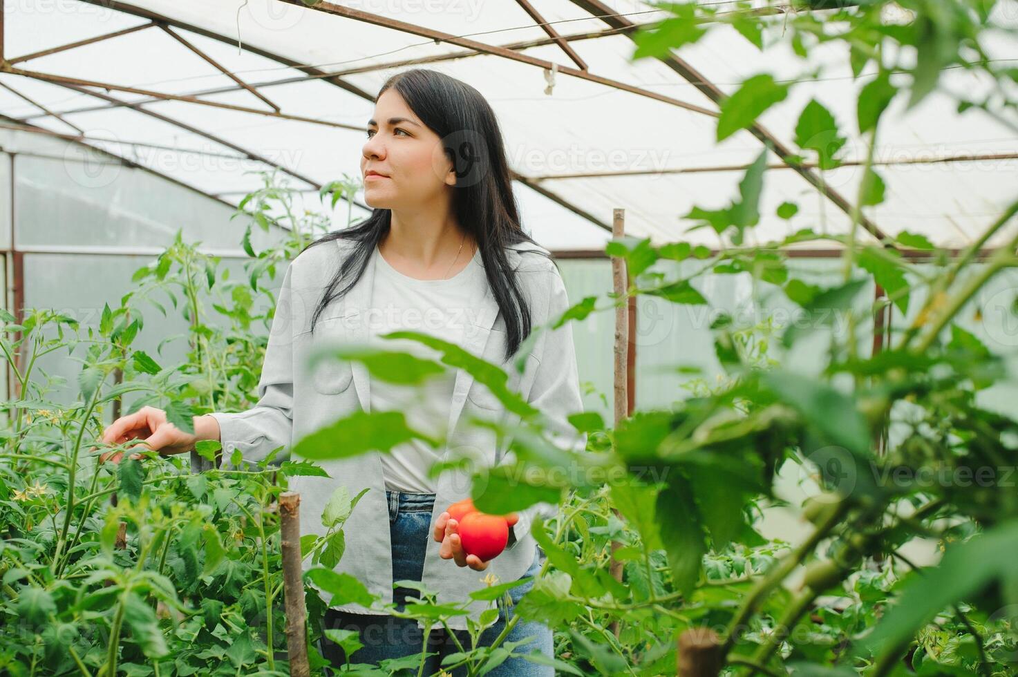 joven mujer en toma cuidado de Fresco vegetal orgánico en madera estilo cesta preparar servicio cosecha por un linda bonito niña en hidropónico granja, invernadero foto