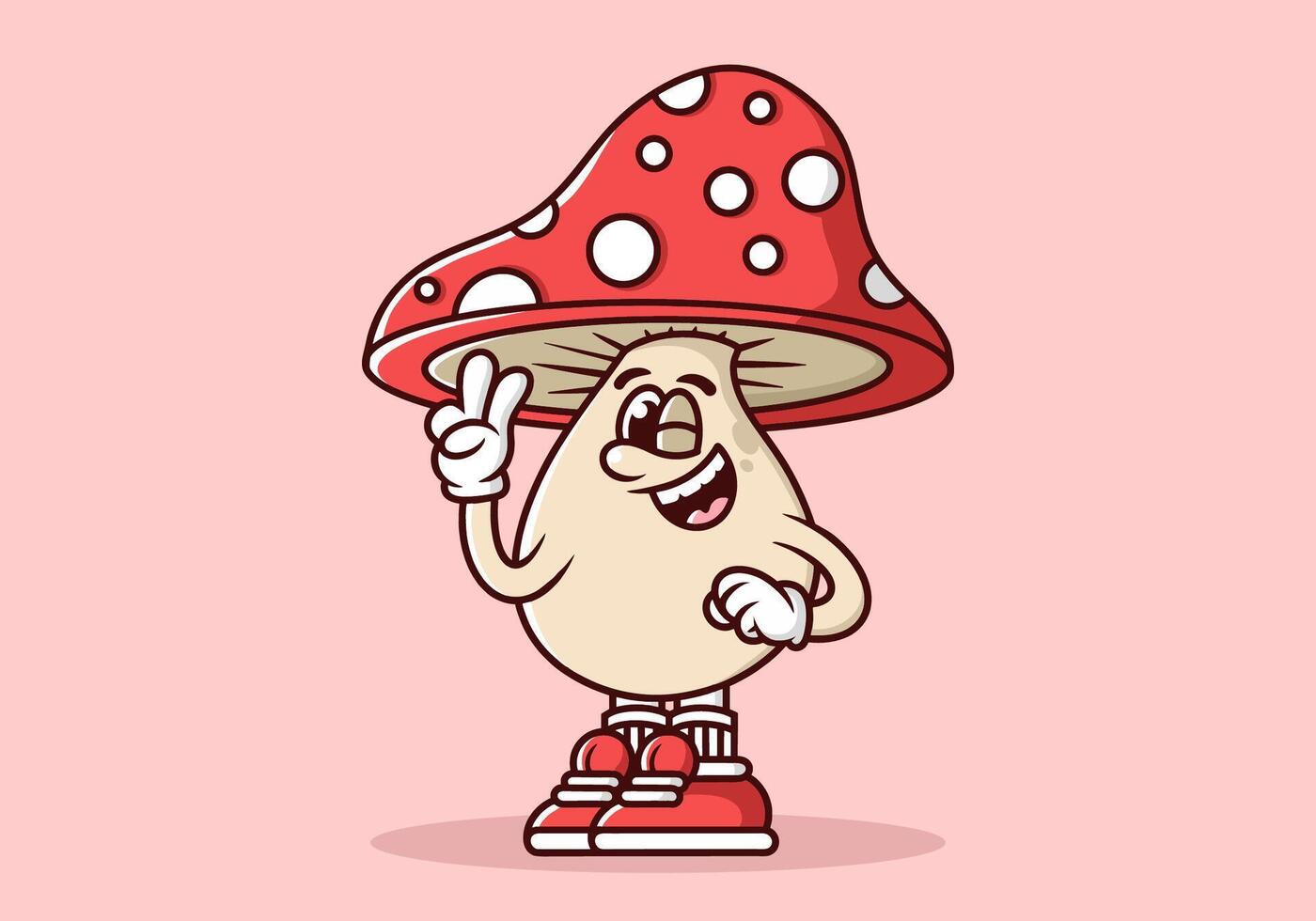 Mascot character of mushroom with hand form a symbol of peace. Red color vector