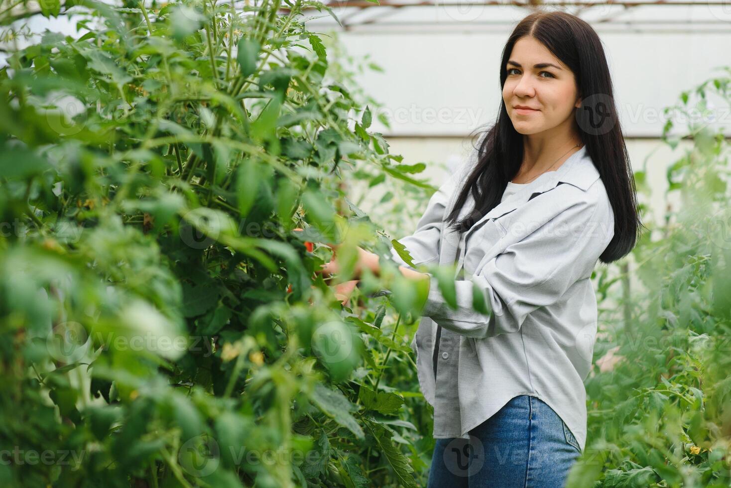 joven mujer en toma cuidado de Fresco vegetal orgánico en madera estilo cesta preparar servicio cosecha por un linda bonito niña en hidropónico granja, invernadero foto