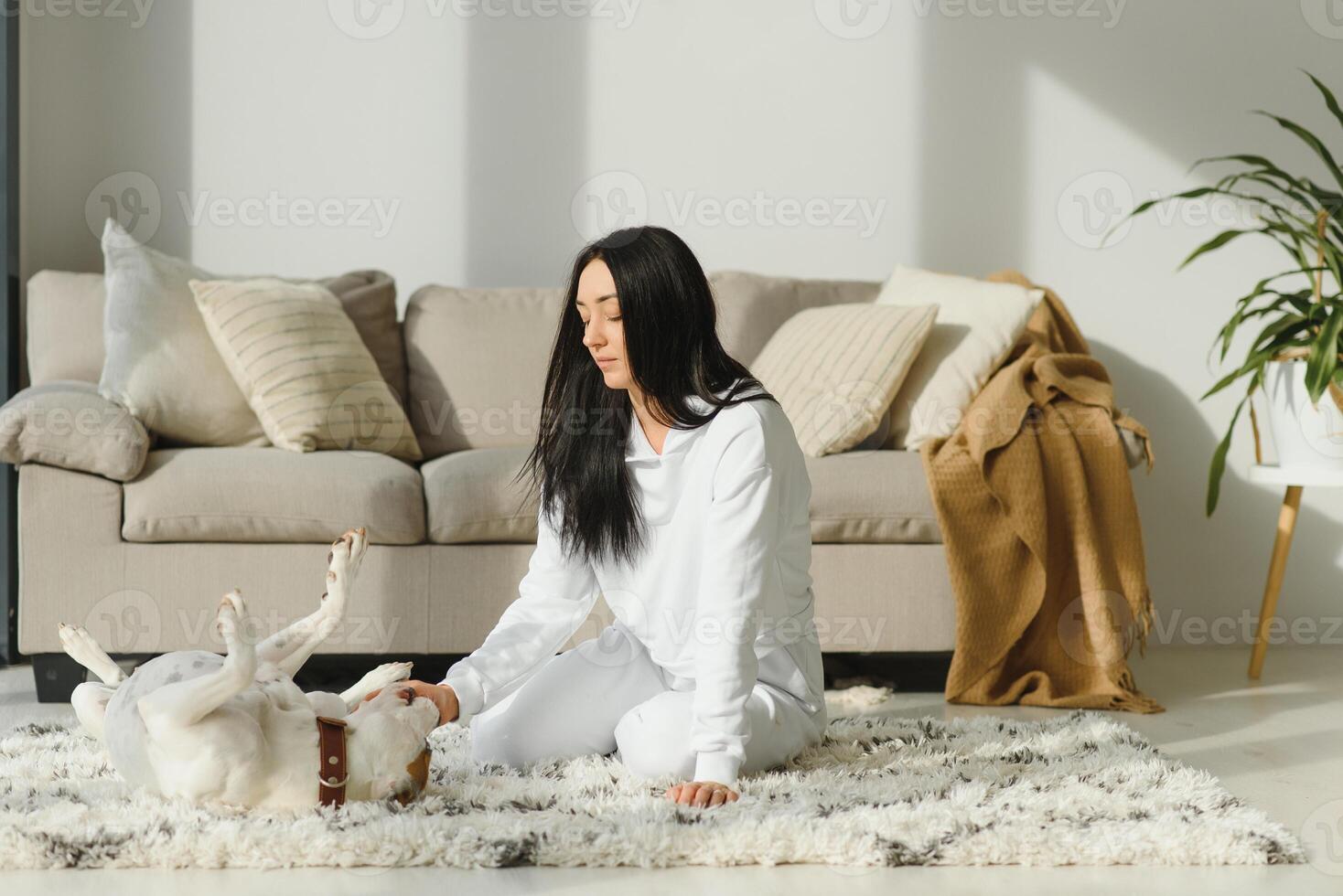 Beautiful young girl playing with a nice cute dog. photo