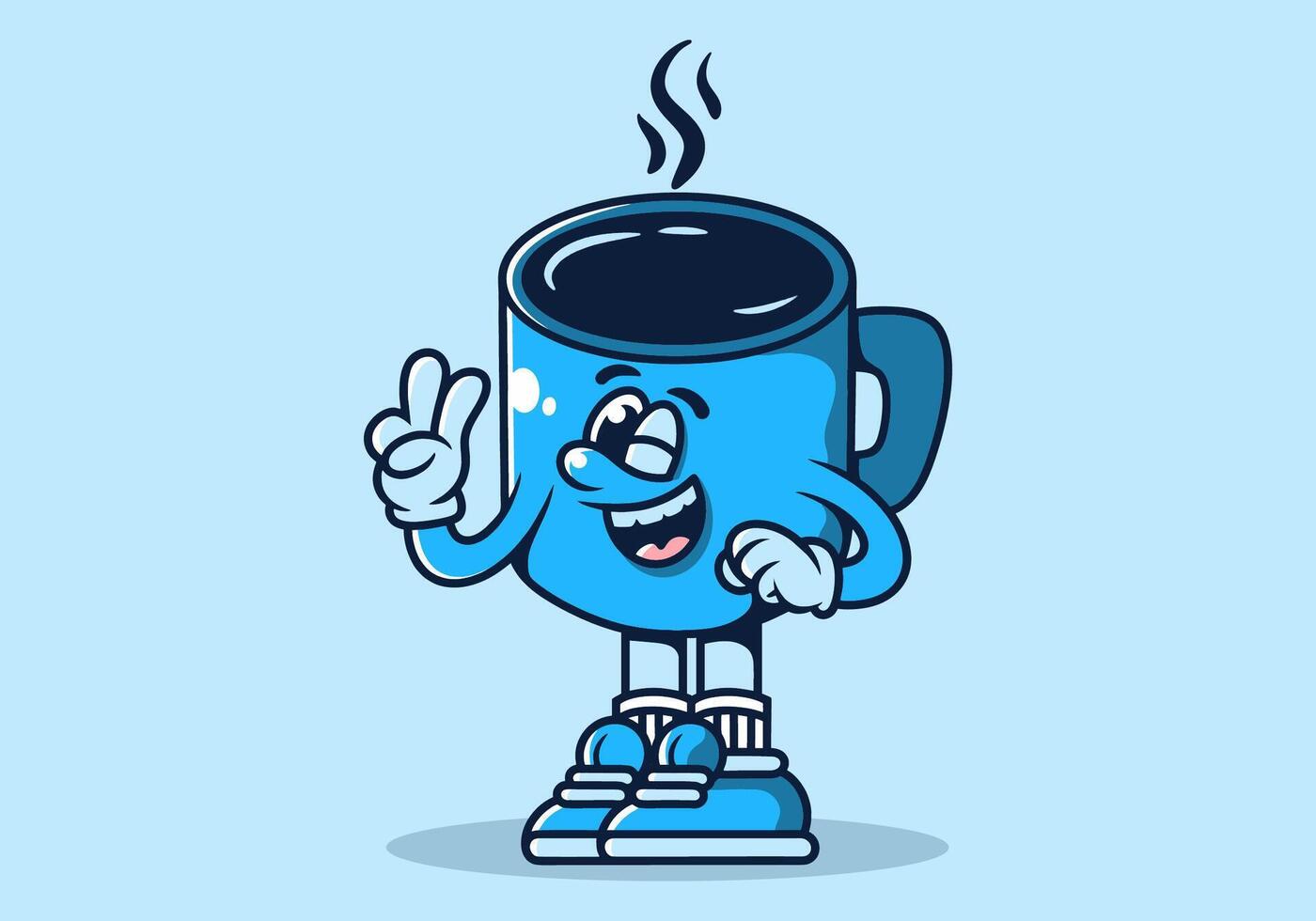 Character illustration of coffee mug with hand form a symbol of peace. Blue color vector