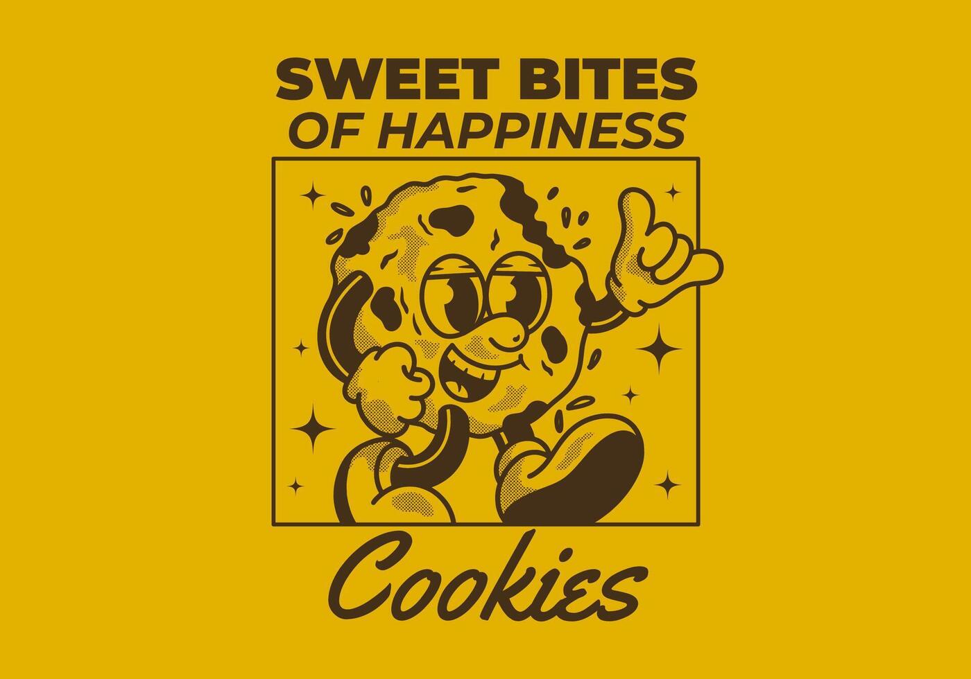 Sweet bites of happiness. Mascot character of a walking cookies in retro style vector