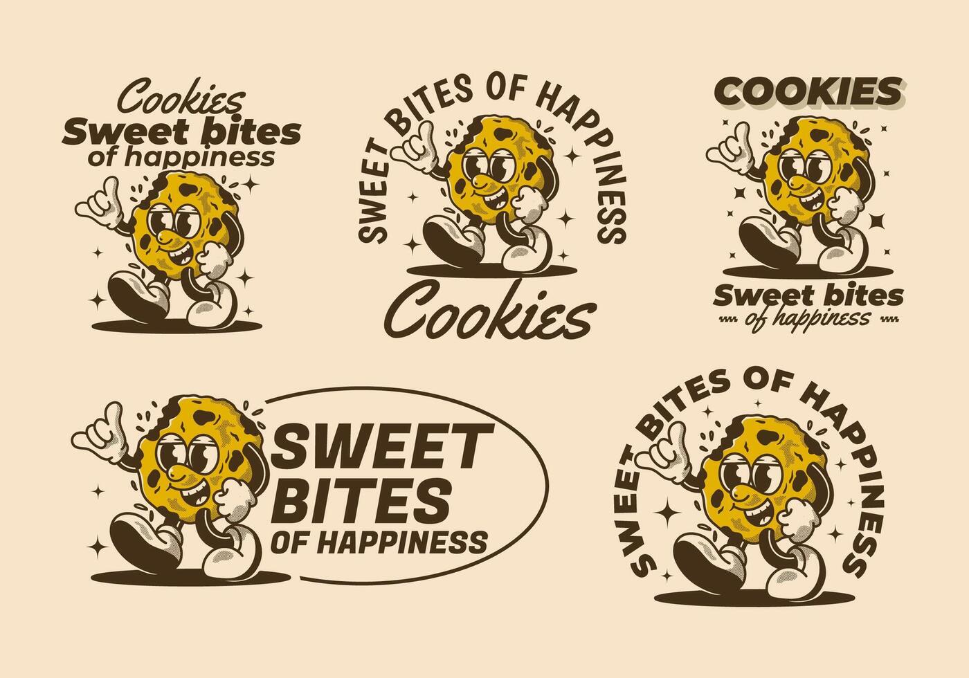 Sweet bites of happiness. Mascot character of a walking cookies in retro style vector