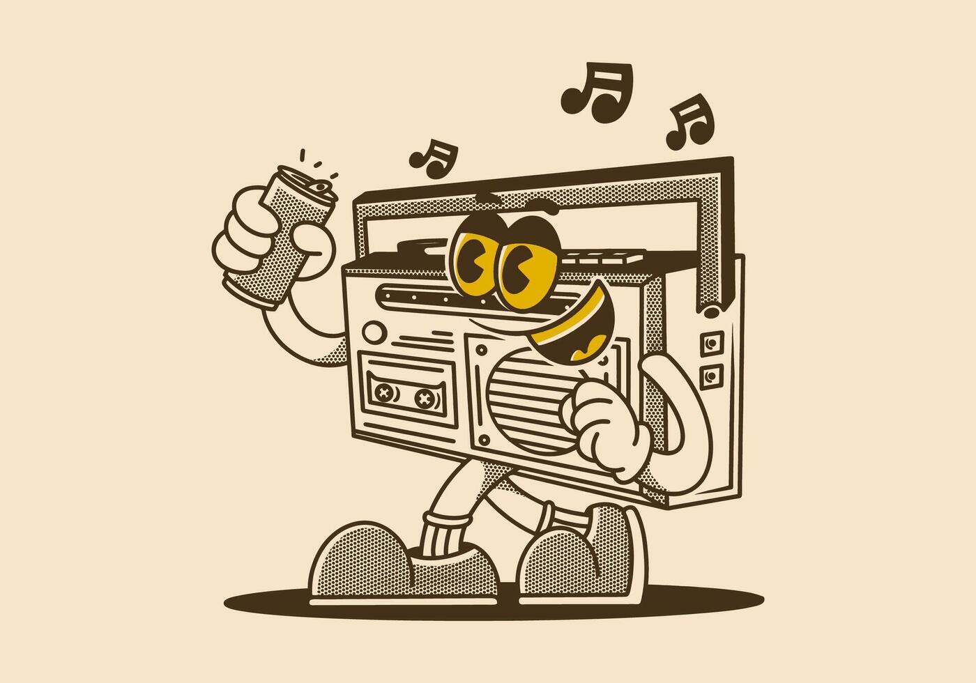 Walking radio mascot character holding a drink can vector