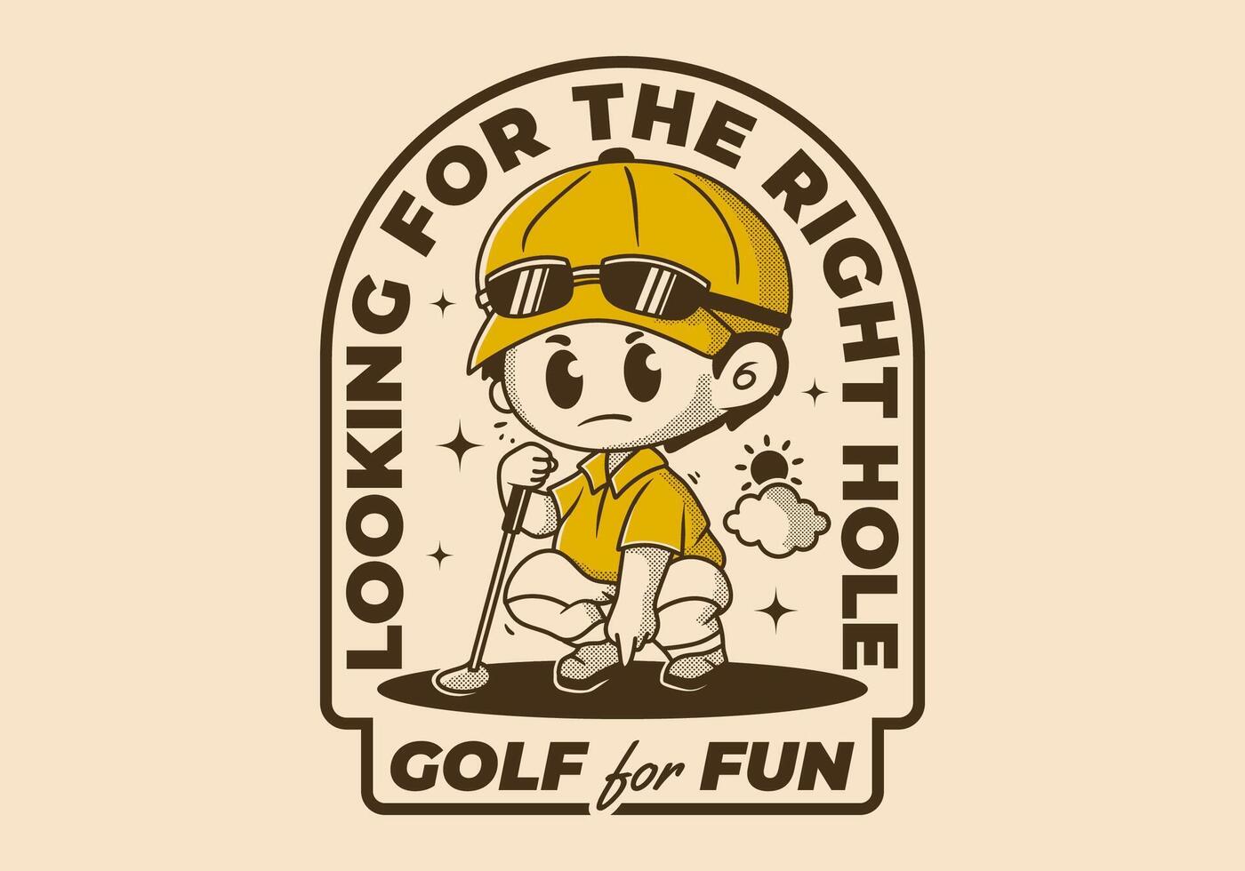 Looking for the right hole. Character illustration of a guy holding a golf stick vector