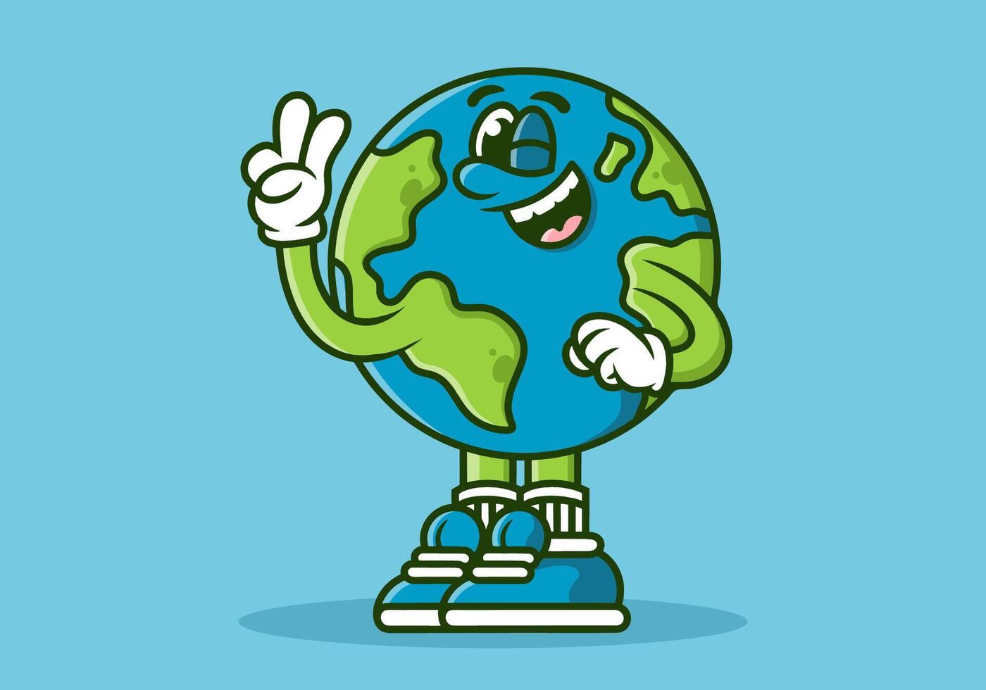 Character illustration of earth with hands forming a symbol of peace. blue green colors vector