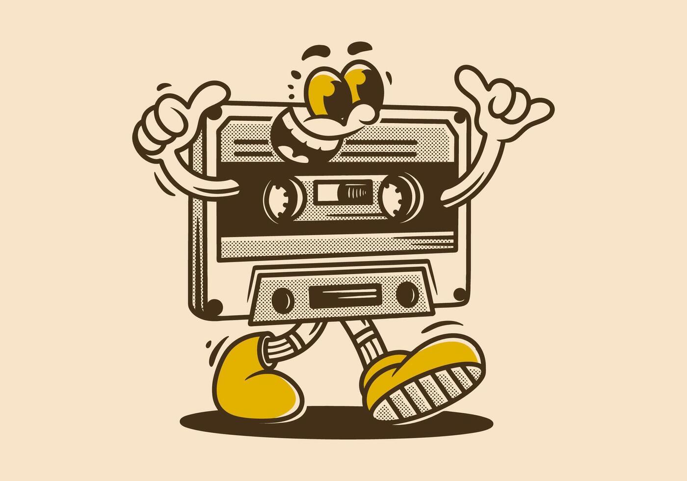 Vintage illustration of walking Cassette tape mascot character with happy face vector
