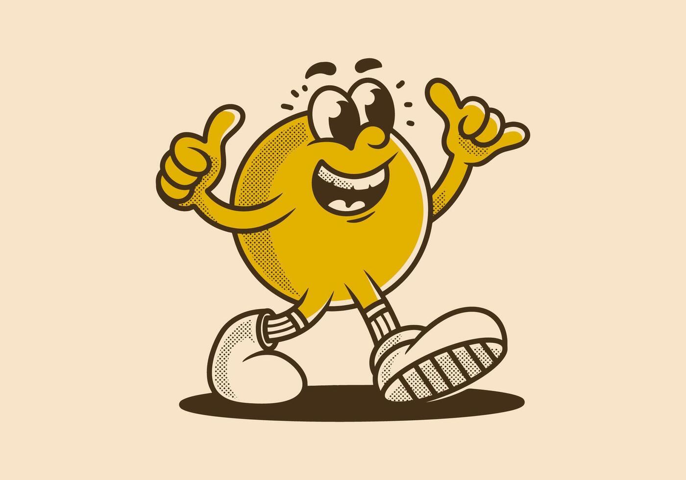 Vintage illustration of walking ball head mascot character with happy face vector