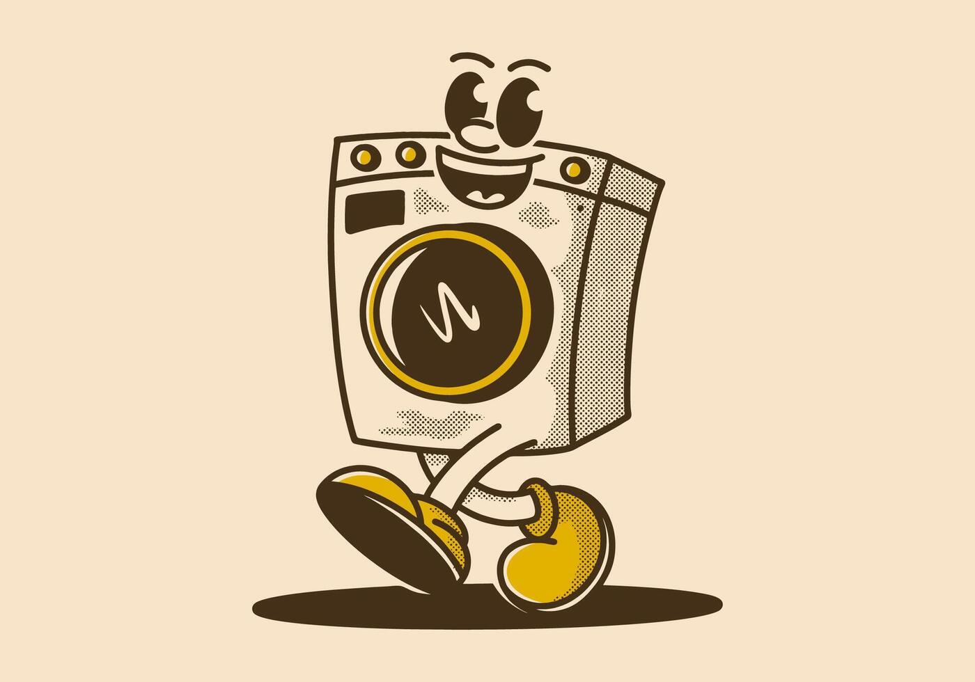 Vintage illustration of walking washing machine mascot character with happy face vector