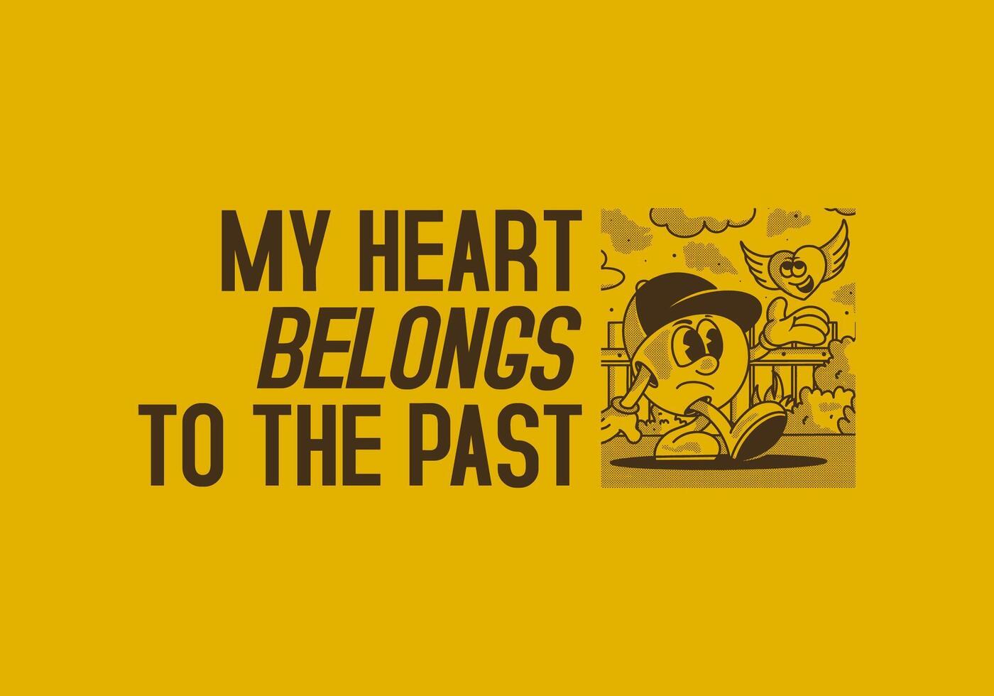 mi corazón pertenecer a a el pasado. personaje ilustración de un pelota cabeza y volador corazón vector