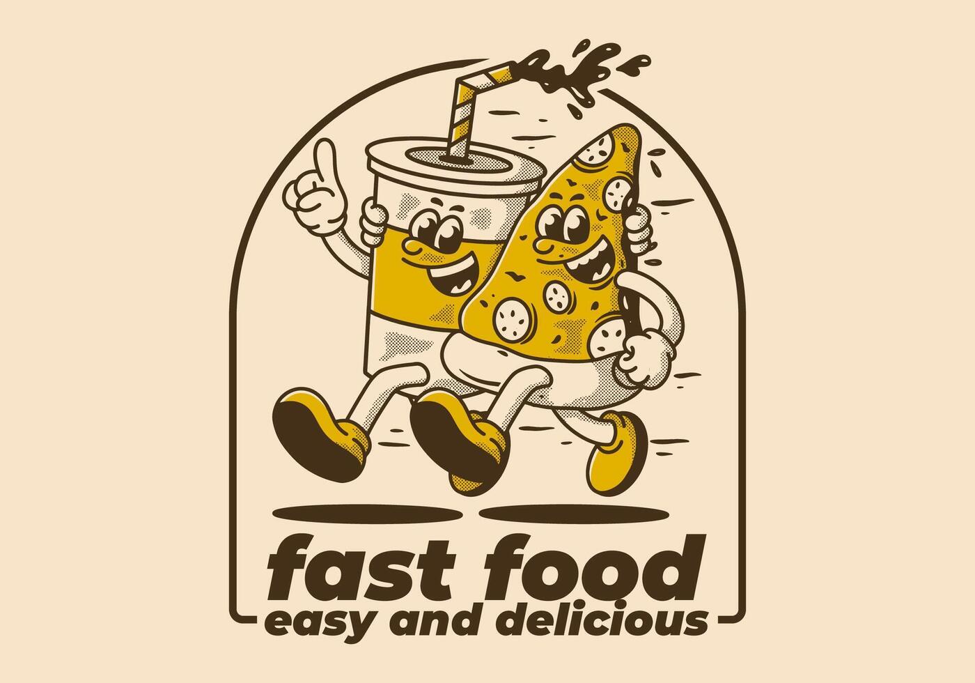 Fast food, easy and delicious. Character illustration of running pizza and soft drink vector