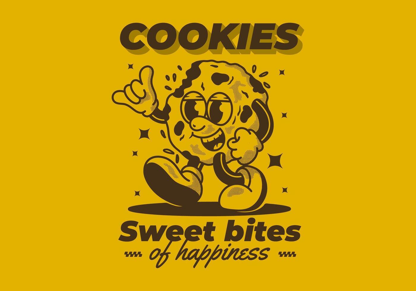 Sweet bites of happiness. Mascot character of a walking cookies in retro style vector