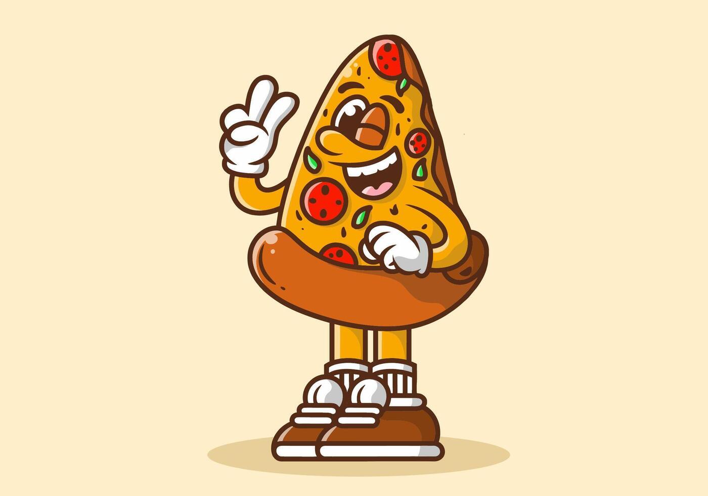 mascota personaje ilustración de un Pizza con mano formando paz símbolo vector