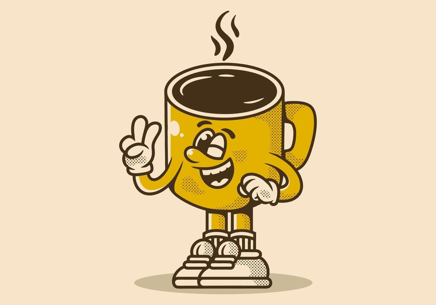Character illustration of coffee mug with hand form a symbol of peace. Yellow vintage color vector