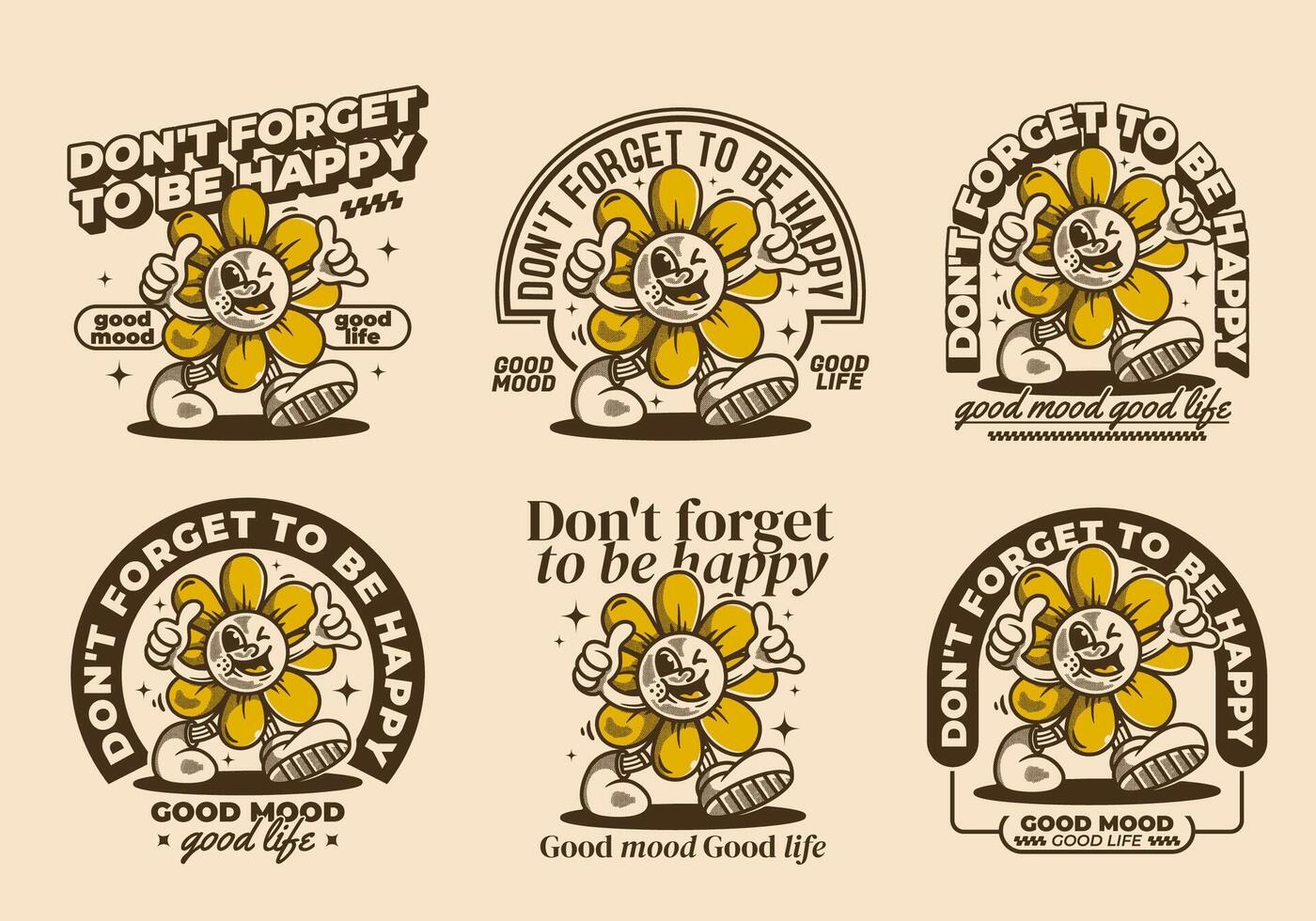 Don't forget to be happy. Walking sun flower character in vintage retro style vector