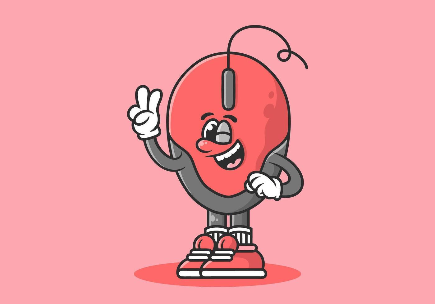 Character illustration of a computer mouse with hands forming a symbol of peace. Red colors vector