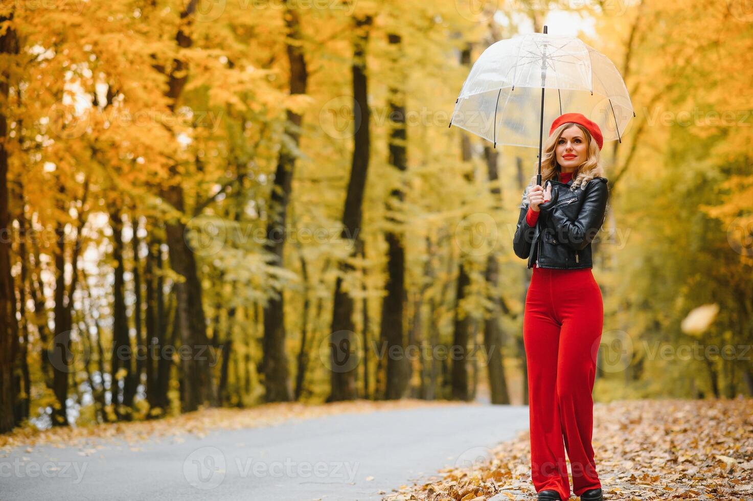 a girl walks in the autumn park under an umbrella photo