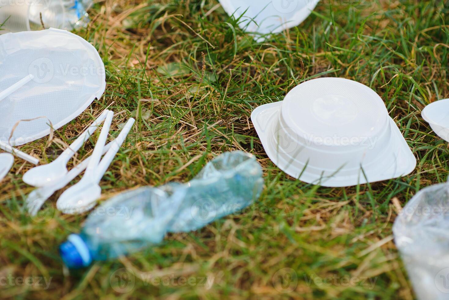 Garbage pile on the countryside Park forest edge on green trees background on a Sunny spring day, plastic littering the wildlife with vacationers people in Europe photo