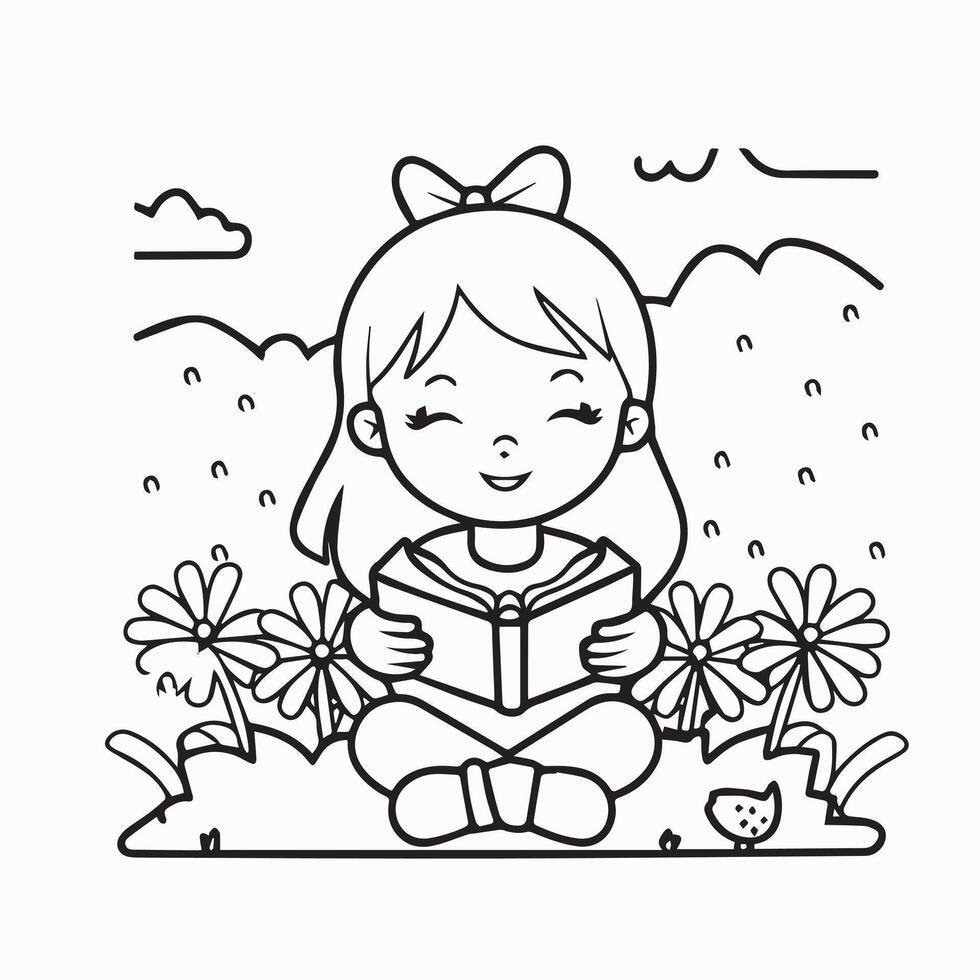 linda pequeño niña leyendo libro en el jardín vector ilustración diseño