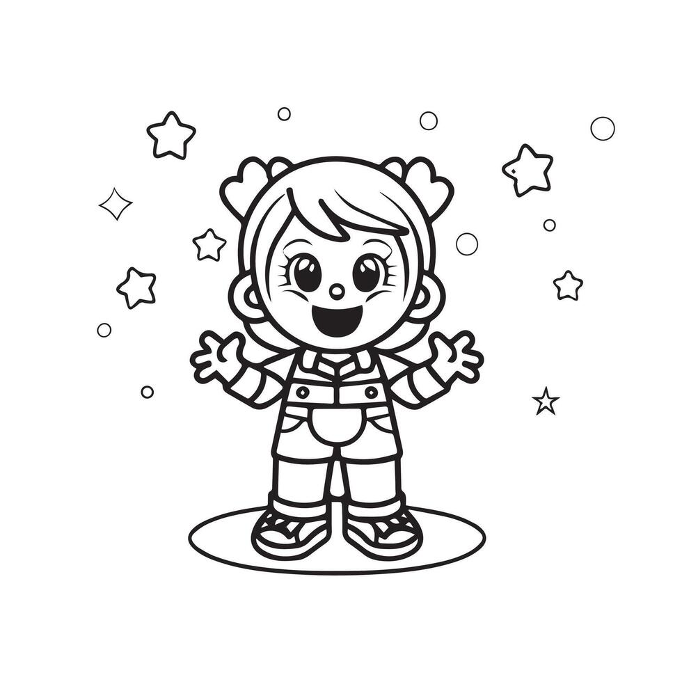 Cute little girl cartoon. Vector illustration. Coloring page.