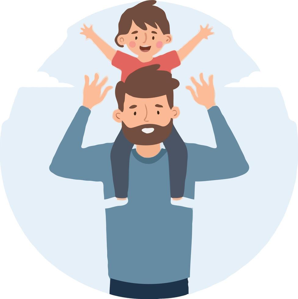 Father with his son on his shoulders Vector illustration in cartoon style