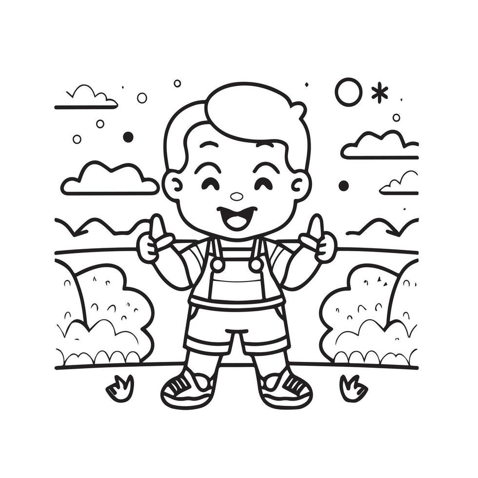 Outline of a little boy with thumbs up. Vector illustration.