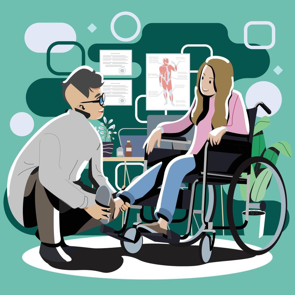 Hospital service concept flat vector illustration. The doctor examines, advises, and dispenses medications to patients in the hospital examination room. Hospital service concept a  flat vector