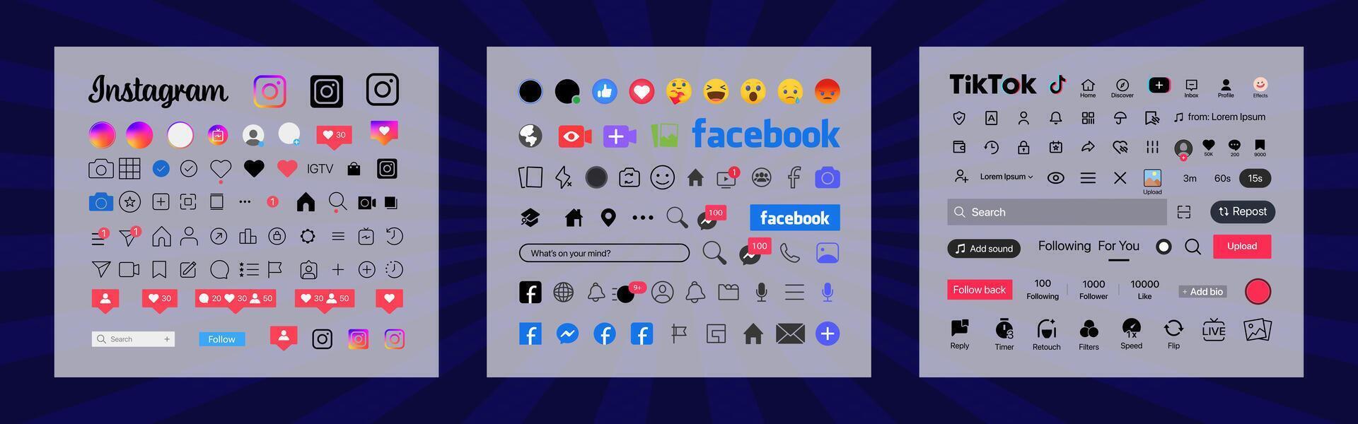 Instagram, Tik Tok, Facebook button icon. Set screen social media and social network interface template. Stories user button, symbol, sign logo. Stories, liked, stream. Editorial vector illustration
