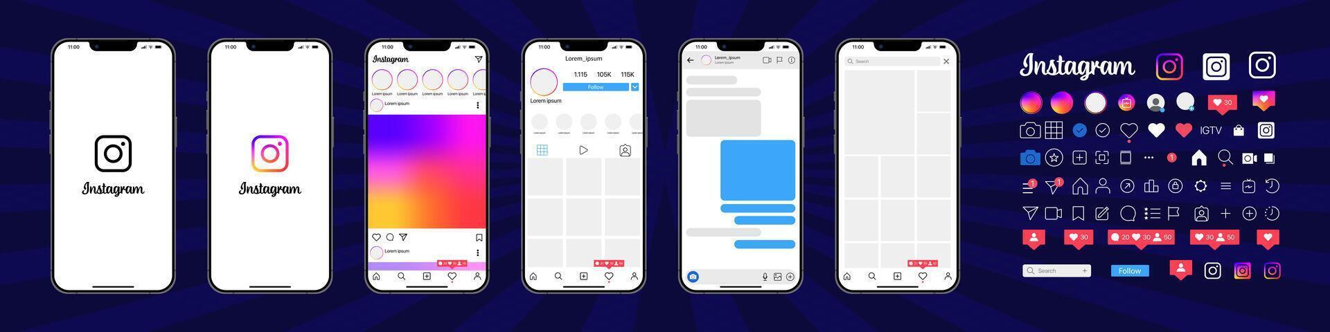 Instagram design. Set instagram screen social media and social network interface template. Instagram photo frame. Stories, liked, stream. Editorial vector. vector